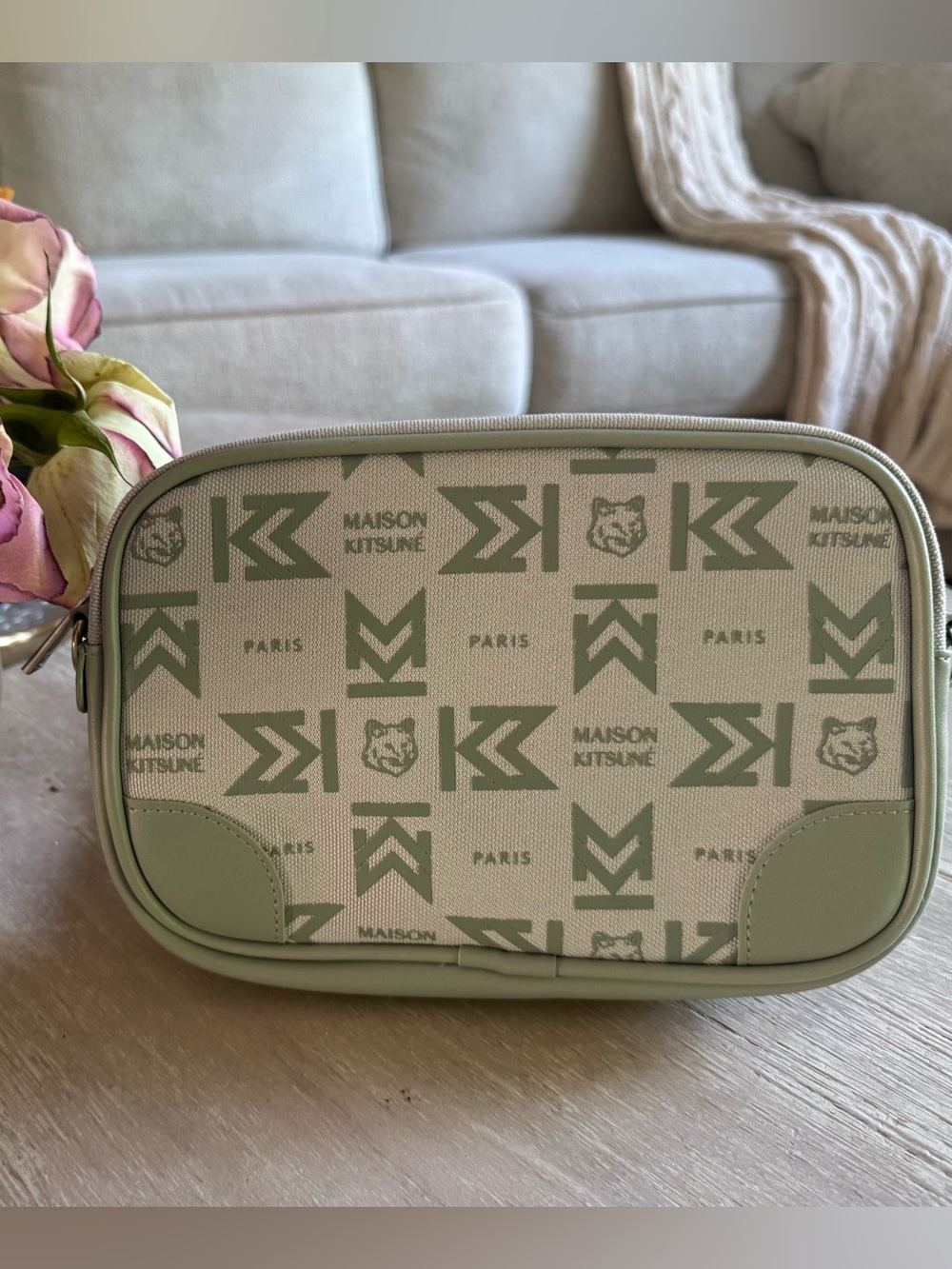 NWOT Maison Kitsuné Logo Canvas Crossbody - Sage Green & Cream